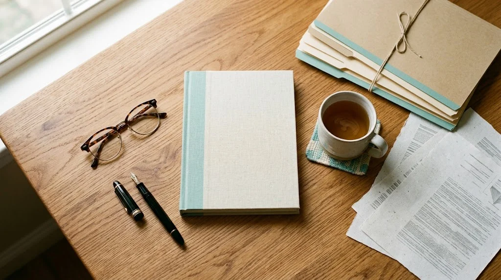 Schreibtisch mit Rentenunterlagen und Kalender